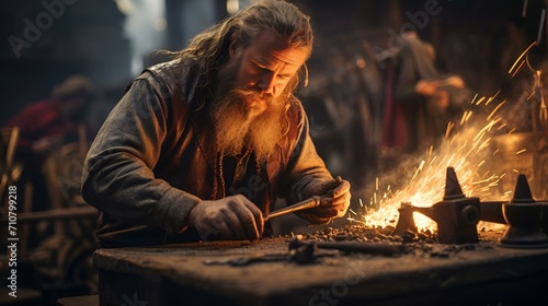 male carpenter working on retro wood in a retro workshop 