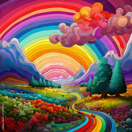 2D rainbow color lanscapw with river, cartoon, abstract, colorful