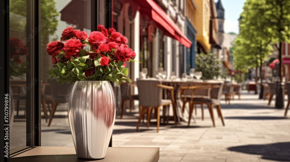  a vase filled with red flowers sitting on top of a window sill next to tables and chairs on a sidewalk.