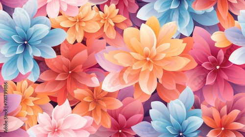  a bunch of colorful flowers that are on a pink and blue background with red  orange  and blue petals.