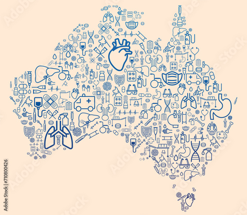 Map of Australia formed by icons related to medicine and healthcare system. SUS. Public healthcare. Oceania
