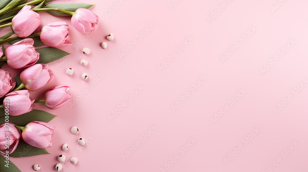 the Women's Day concept, showcasing pink peony rose buds and sprinkles arranged on an isolated pastel pink background with copyspace, a minimalist modern style for a visually appealing scene. the Women's Day concept, showcasing pink peony rose buds and sprinkles arranged on an isolated pastel pink background with copyspace, a minimalist modern style for a visually appealing scene.