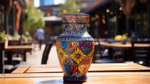 a colorful vase sitting on top of a wooden table next to a wooden table with chairs and tables in the background.