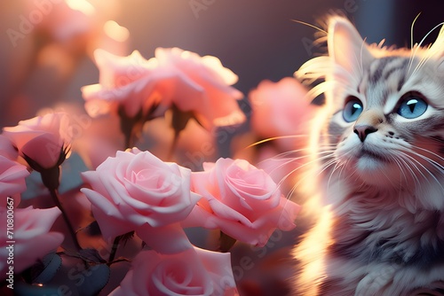 Captivating infrared art: a stunning cat amid delicate roses, blending ethereal glow, nature's beauty, and feline grace in a unique composition. Captivating infrared art.