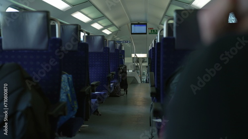Fototapeta Naklejka Na Ścianę i Meble -  Train seats corridor traveling inside high speed Swiss transportation