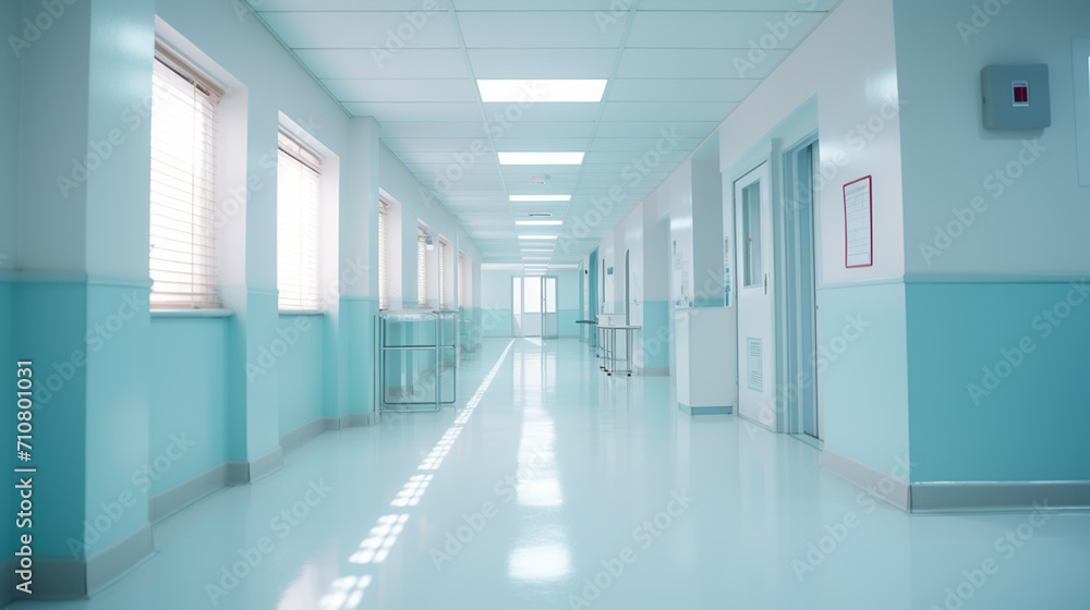 Fototapeta premium Long hospital bright corridor with rooms and seats 3D rendering