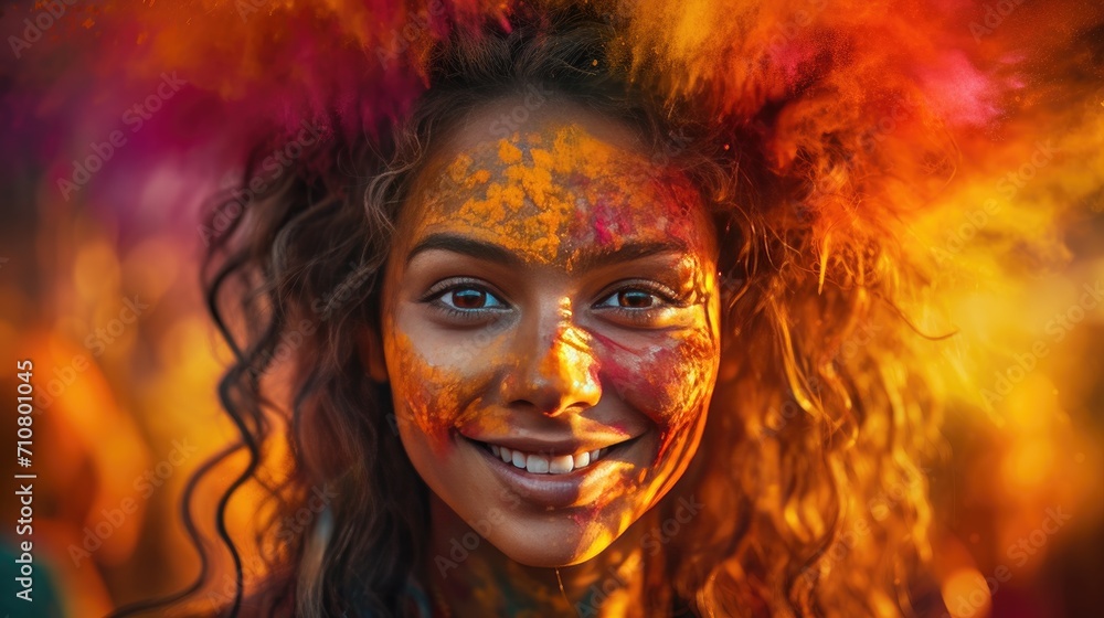 Curly-Haired Woman in Blue Shirt Standing in Front of Painting, Holi