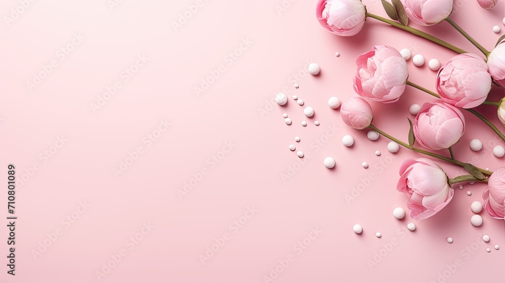 the Women's Day concept, showcasing pink peony rose buds and sprinkles arranged on an isolated pastel pink background with copyspace, a minimalist modern style for a visually appealing scene.