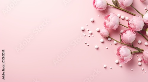 the Women s Day concept  showcasing pink peony rose buds and sprinkles arranged on an isolated pastel pink background with copyspace  a minimalist modern style for a visually appealing scene.