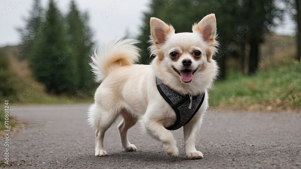 Cream long coat chihuahua dog running with its owner in the park Cream long coat chihuahua dog running with its owner in the park