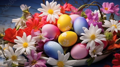  a bowl filled with colorfully painted eggs surrounded by red  white  and blue flowers on a blue background.