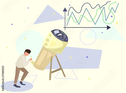Forecast illustration. Man, arrow, chart, telescope. Editable vector graphic design.