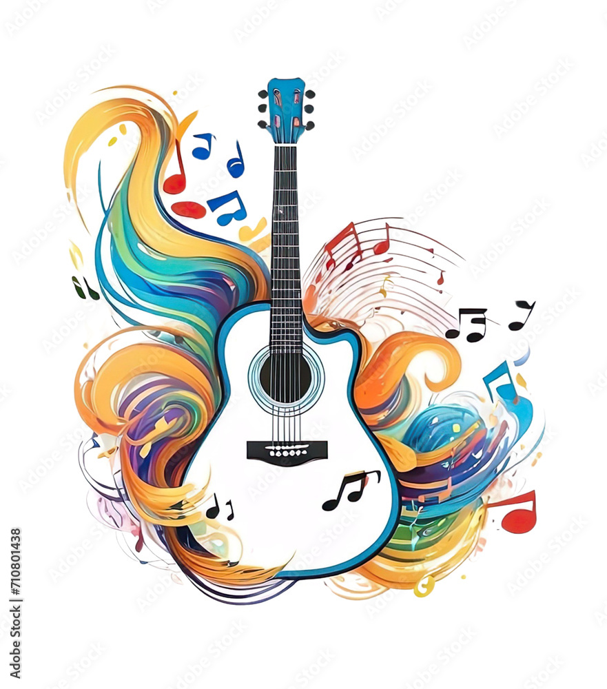 guitar on colorful background with musical notes