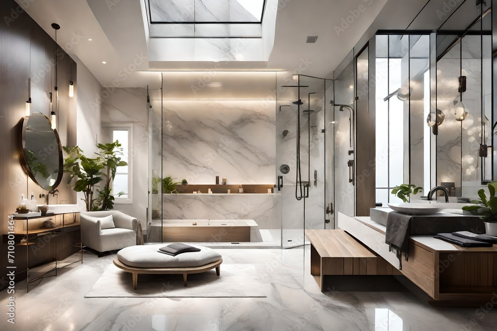 A modern living room bathroom with a spa-like vibe, complete with a steam shower, marble bench, and mood lighting. A modern living room bathroom with a spa-like vibe, complete with a steam shower, marble bench, and mood lighting.