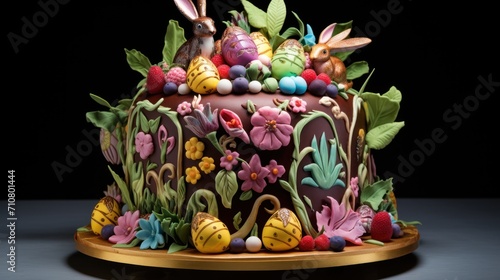  a cake decorated with flowers and bunnies on top of a gold platter on a black table with a black background.
