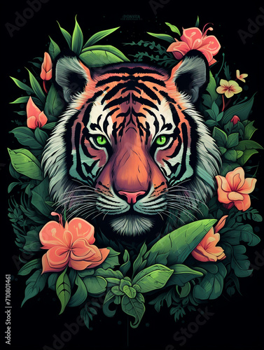t-shirt design, an up and down stok style lg t shirt with a head of a tiger and some flowers, in the style of realistic and hyper-detailed renderings created with Generative Ai