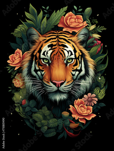 t-shirt design, an up and down stok style lg t shirt with a head of a tiger and some flowers, in the style of realistic and hyper-detailed renderings created with Generative Ai