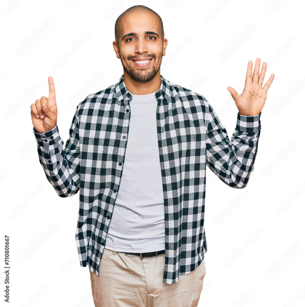 Hispanic adult man wearing casual clothes showing and pointing up with fingers number six while smiling confident and happy. Hispanic adult man wearing casual clothes showing and pointing up with fingers number six while smiling confident and happy.