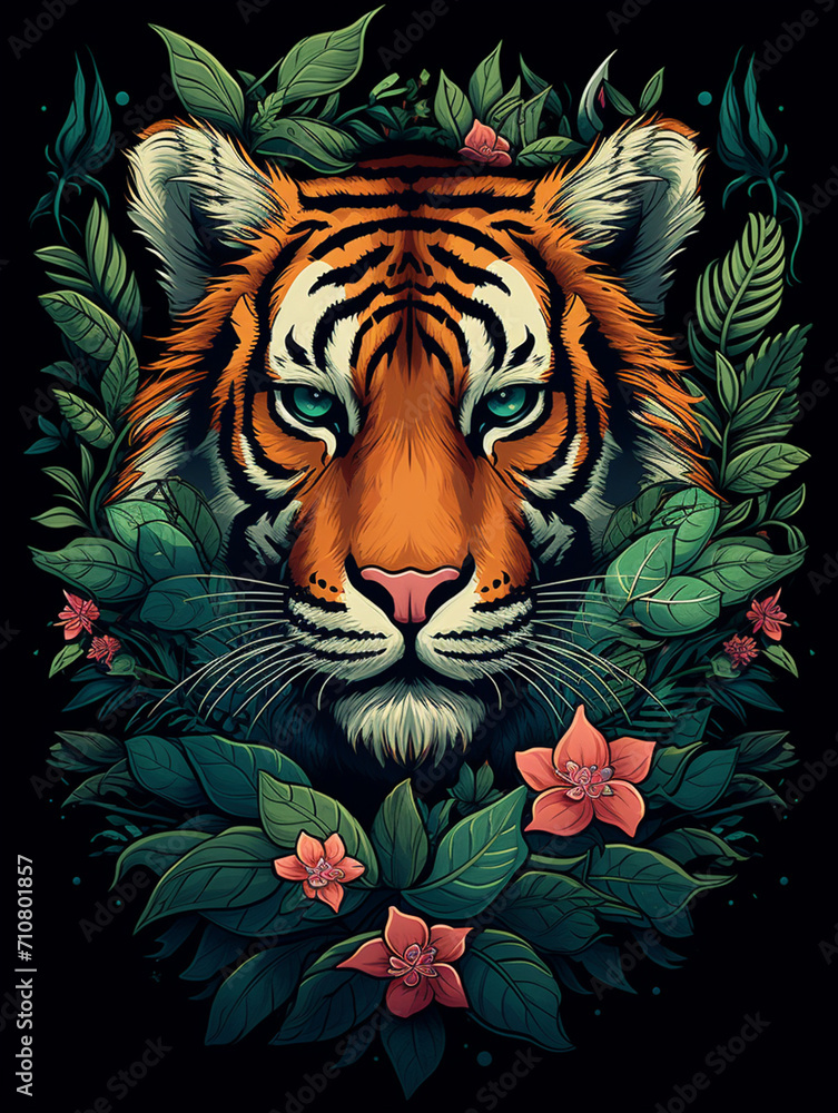 t-shirt design, an up and down stok style lg t shirt with a head of a tiger and some flowers, in the style of realistic and hyper-detailed renderings created with Generative Ai - obrazy, fototapety, plakaty 