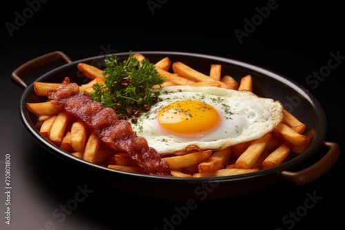Frying pan with french fries, bacon and fried egg