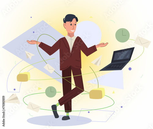 Multitasking illustration. Man, clock, laptop, envelope. Editable vector graphic design.