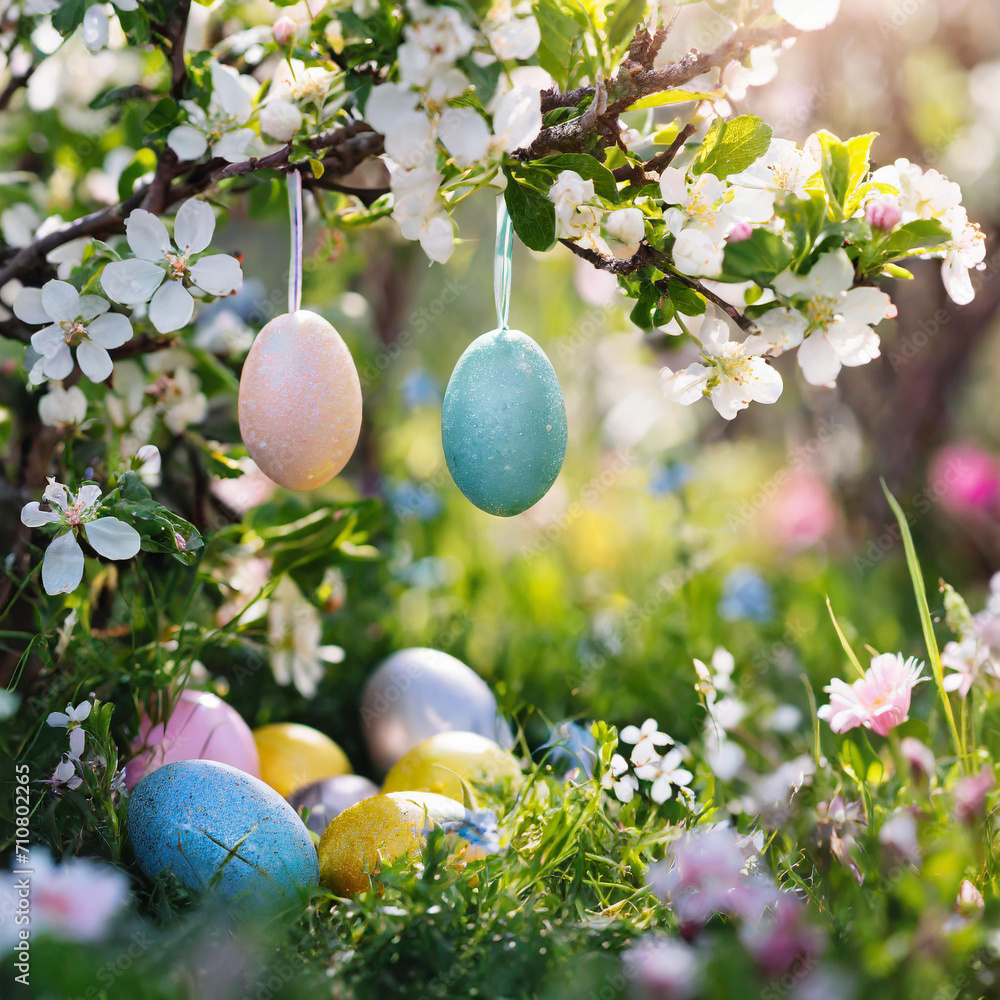 Fototapeta premium Enchantingly Colored Easter Eggs in the Garden during Spring Festivities