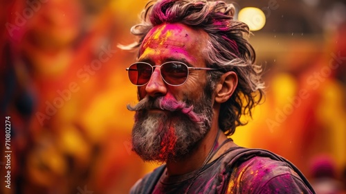 Man With Beard and Painted Face - Portrait of a Unique Individual, Holi