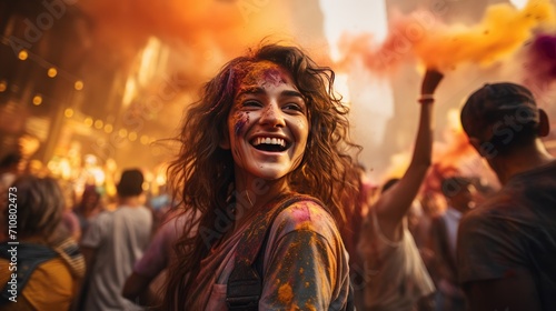 Woman With Yellow Paint on Her Face, Holi