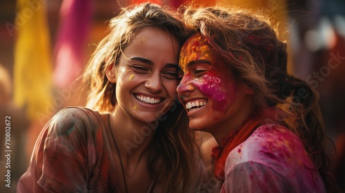 Two Women Covered in Colored Powder Smiling Happily Outdoors, Holi © mohsan
