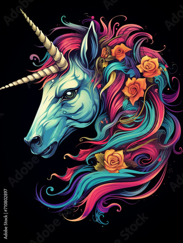 t-shirt design  the colorful unicorn head is on a black background created with Generative Ai