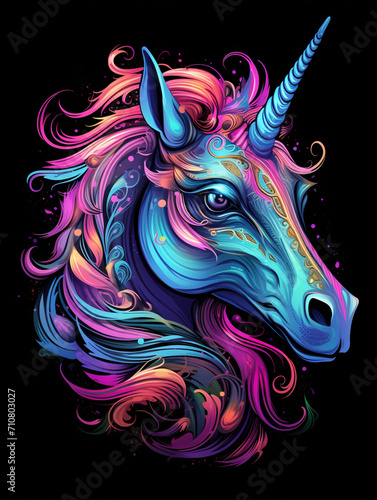 t-shirt design, the colorful unicorn head is on a black background created with Generative Ai