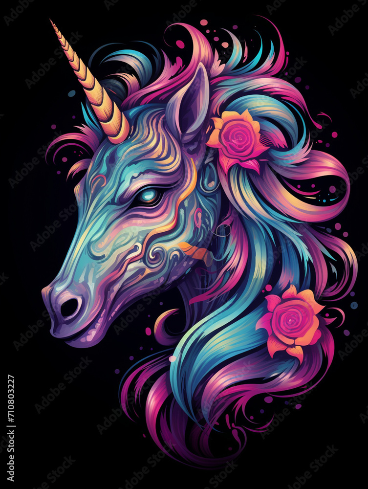 Fototapeta t-shirt design, the colorful unicorn head is on a black background created with Generative Ai