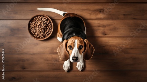 a beagle dog lying on the floor and gazing at a bowl of dry food, a minimalist modern style, creating a serene and visually appealing scene.