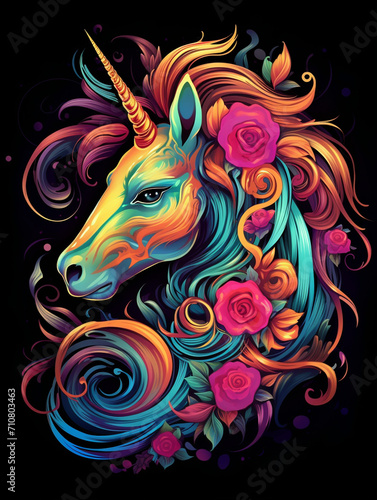 t-shirt design, the colorful unicorn head is on a black background created with Generative Ai © Andrii Yablonskyi