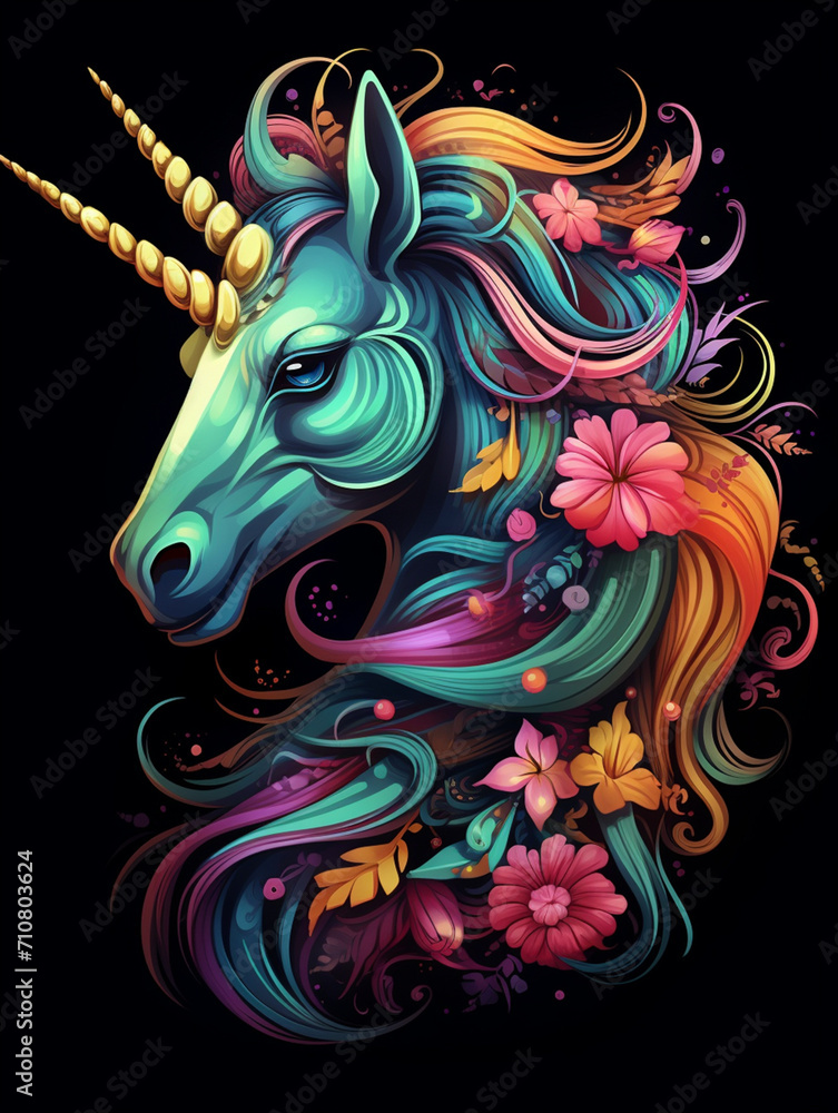 Fototapeta t-shirt design, the colorful unicorn head is on a black background created with Generative Ai