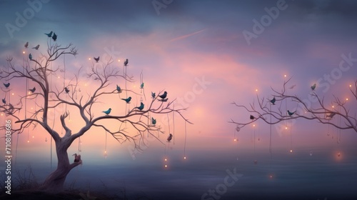  a painting of a tree with birds perched on it's branches in front of a pink and blue sky.