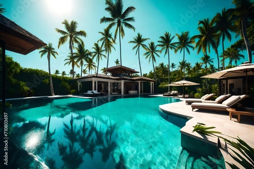 A tropical paradise in a luxury outdoor setting with palm trees, a private cabana, and a turquoise pool overlooking the ocean.
