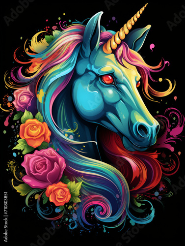 t-shirt design, the colorful unicorn head is on a black background created with Generative Ai © Andrii Yablonskyi