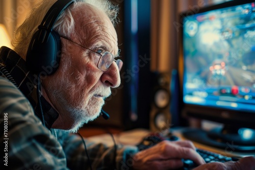Modern aging concept, eldery person focused while playing a video game photo