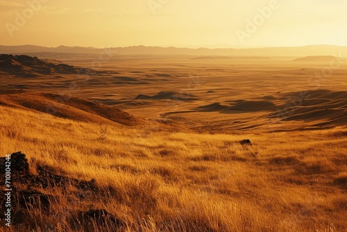 A sprawling plains landscape at sunset with neon amber veins in the grass and hills,