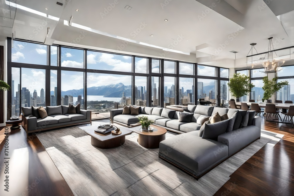 A modern luxury living room with high-end furnishings, an open-concept design, and a wall of windows offering breathtaking views.