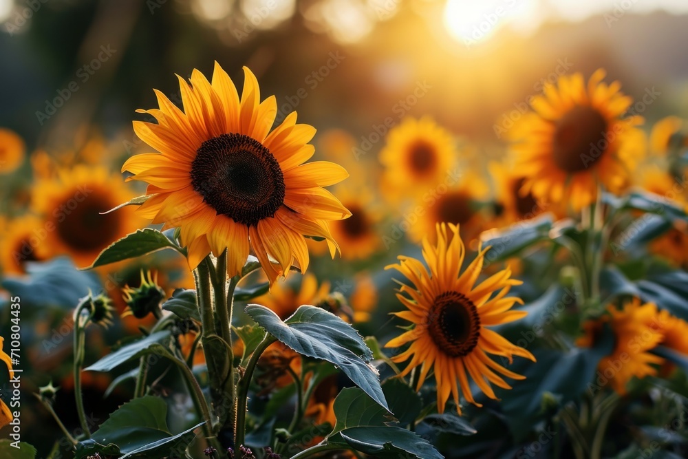 Fototapeta premium Sunflowers bloom brightly against a sunset backdrop