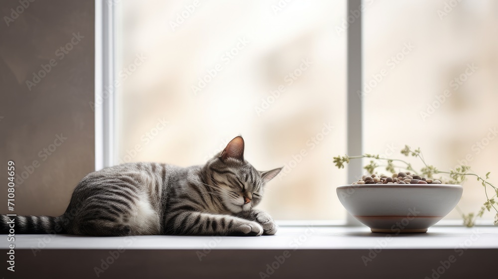 a striped cat enjoying dry feed while lying on a windowsill, portray the well-fed cat in a relaxed state, presenting a minimalist modern style scene. a striped cat enjoying dry feed while lying on a windowsill, portray the well-fed cat in a relaxed state, presenting a minimalist modern style scene.