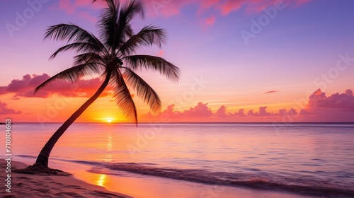 Sunset beach with palm tree silhouette.