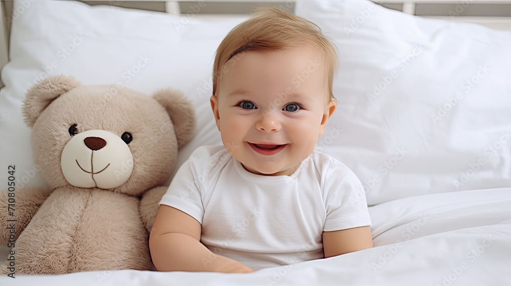 a happy baby boy dressed in a white bodysuit, embracing a teddy bear while lying in a crib at home, a closeup, highlight the sweetness of the moment. a happy baby boy dressed in a white bodysuit, embracing a teddy bear while lying in a crib at home, a closeup, highlight the sweetness of the moment.