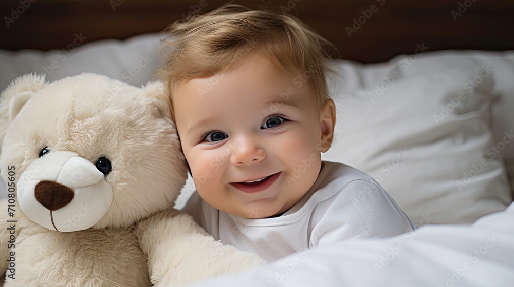 a happy baby boy dressed in a white bodysuit, embracing a teddy bear while lying in a crib at home, a closeup, highlight the sweetness of the moment. a happy baby boy dressed in a white bodysuit, embracing a teddy bear while lying in a crib at home, a closeup, highlight the sweetness of the moment.