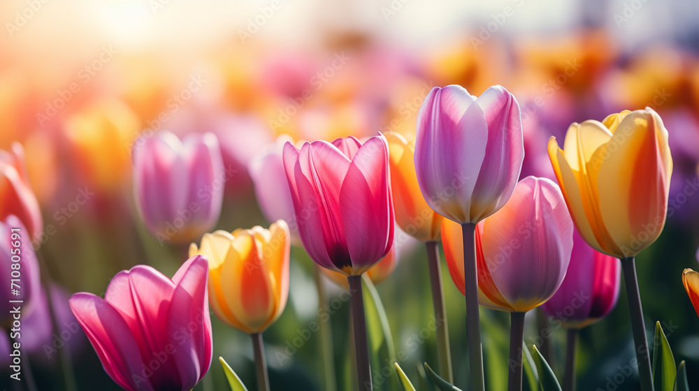 A magical landscape with sunrise over tulip field A magical landscape with sunrise over tulip field