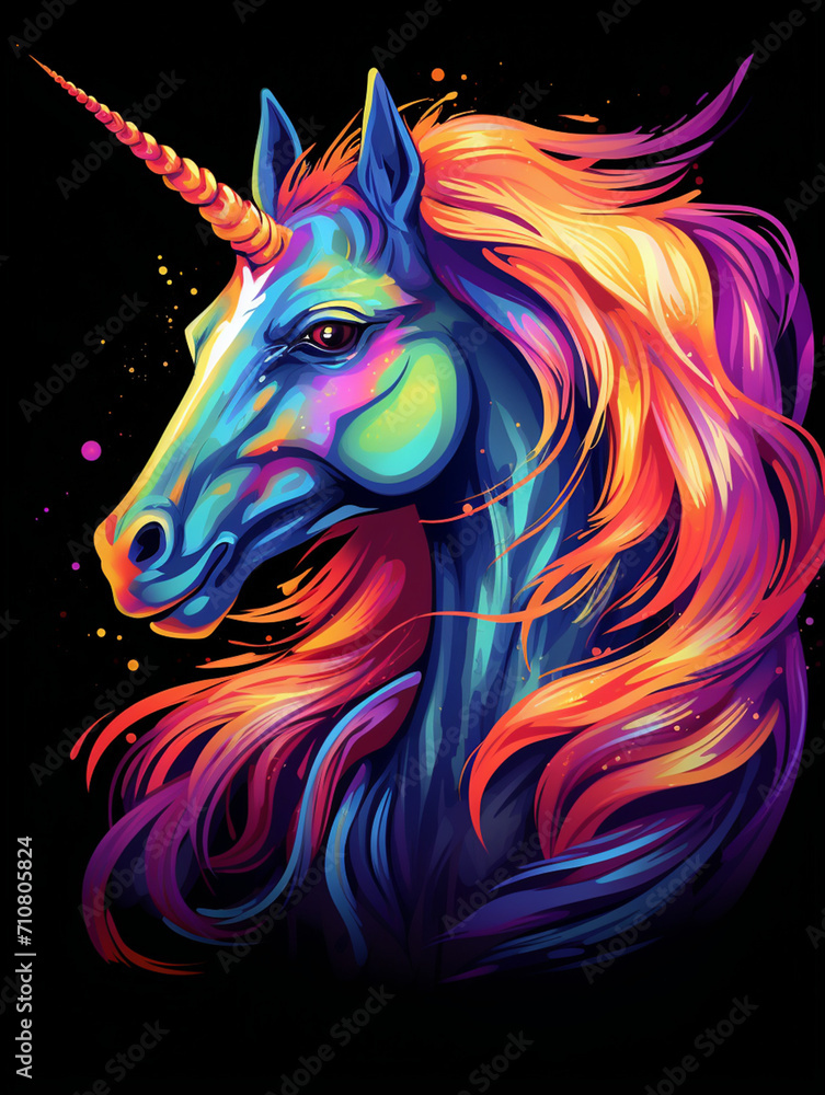 Fototapeta t-shirt design, a colorful unicorn head with rainbow mane created with Generative Ai