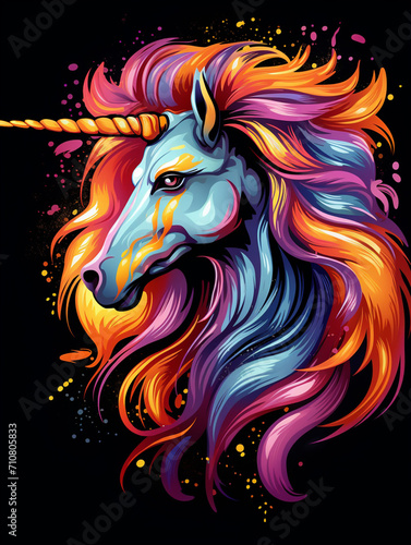 t-shirt design, a colorful unicorn head with rainbow mane created with Generative Ai © Andrii Yablonskyi