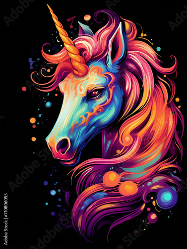 t-shirt design, a colorful unicorn head with rainbow mane created with Generative Ai